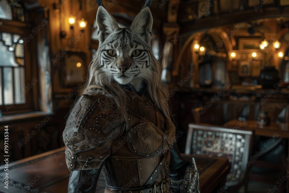 Fantasy character in medieval armor inside a rustic tavern