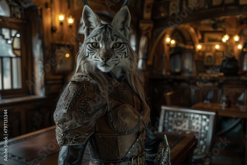 Fantasy character in medieval armor inside a rustic tavern