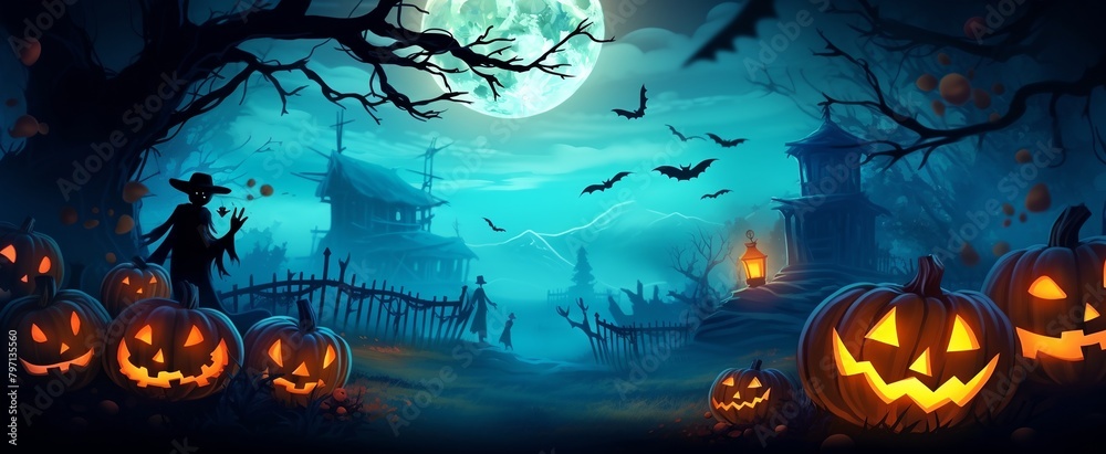 a halloween scene with pumpkins and a full moon in the sky with a creepy man in a top hat..