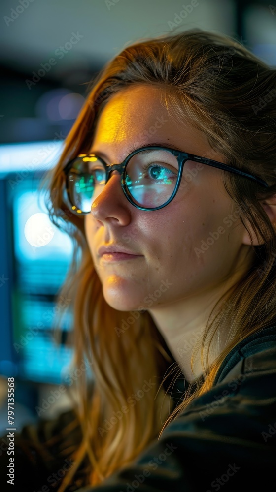 Young woman with glasses looking thoughtfully into the distance