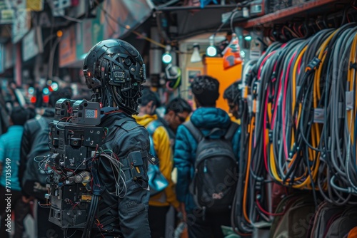 Futuristic robot exploring an urban market