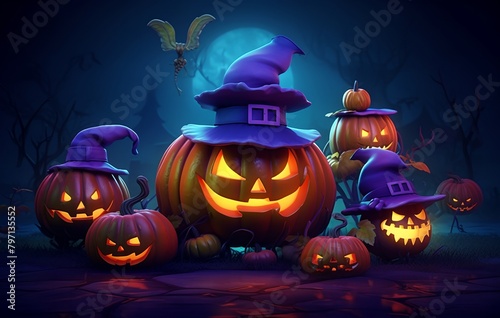 a group of pumpkins with witches hats on them in a dark forest at night with a full moon..