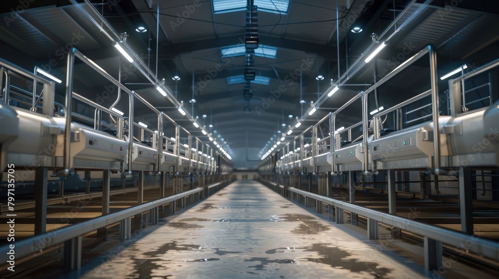 Automated milking systems in a dairy farm, improving efficiency and animal welfare with advanced agricultural technology. Automated milking systems in a dairy farm, improving efficiency and animal welfare with advanced agricultural technology.