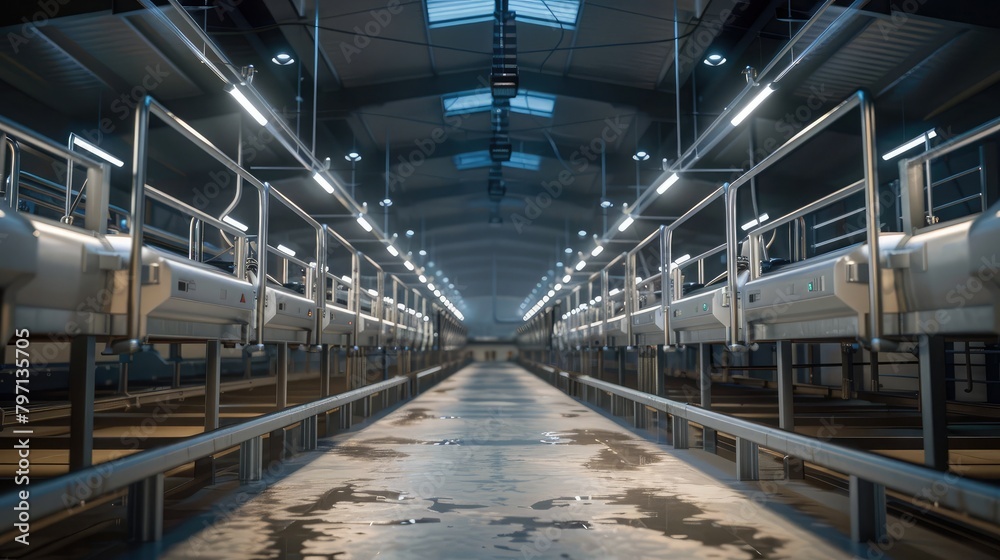 Automated milking systems in a dairy farm, improving efficiency and animal welfare with advanced agricultural technology.