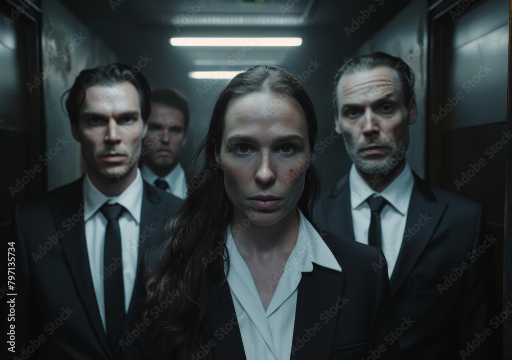 Business team in an elevator with intense expressions