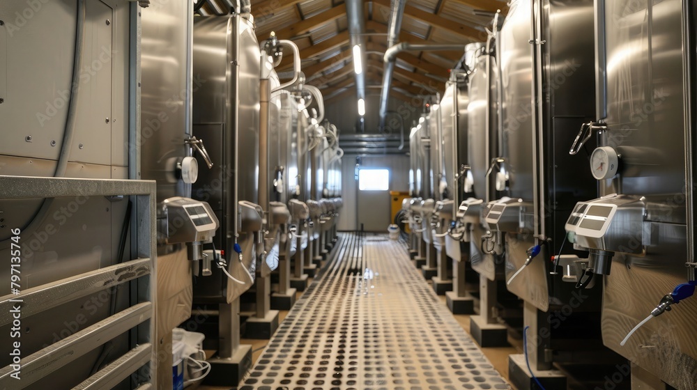 Automated milking systems in a dairy farm, improving efficiency and animal welfare with advanced agricultural technology. Automated milking systems in a dairy farm, improving efficiency and animal welfare with advanced agricultural technology.