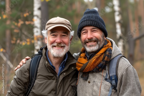 two men standing next to each other in the woods smiling for the camera with a scarf around their neck
