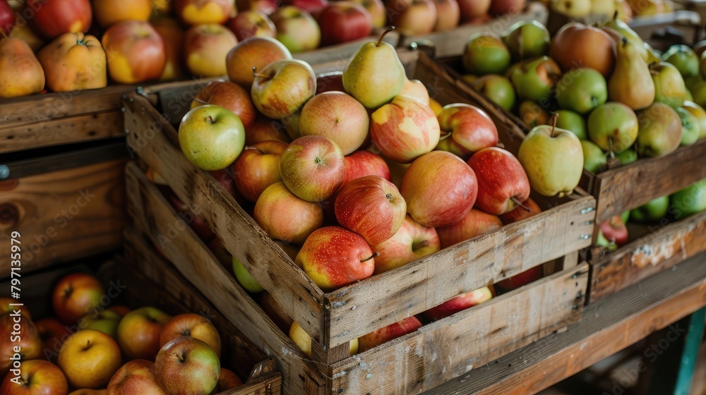 basket of freshly harvested apples and pears sitting on a wooden crate at a farm orchard, awaiting purchase by eager customers. basket of freshly harvested apples and pears sitting on a wooden crate at a farm orchard, awaiting purchase by eager customers.