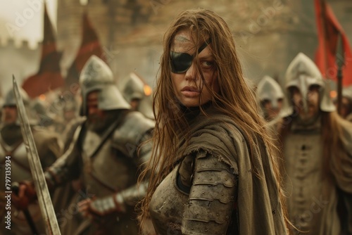 Warrior woman with eye patch standing defiantly on a battlefield