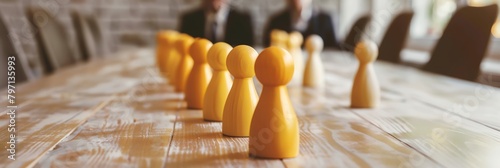 a group of yellow cones sitting on top of a wooden table next to a man in a suit and tie