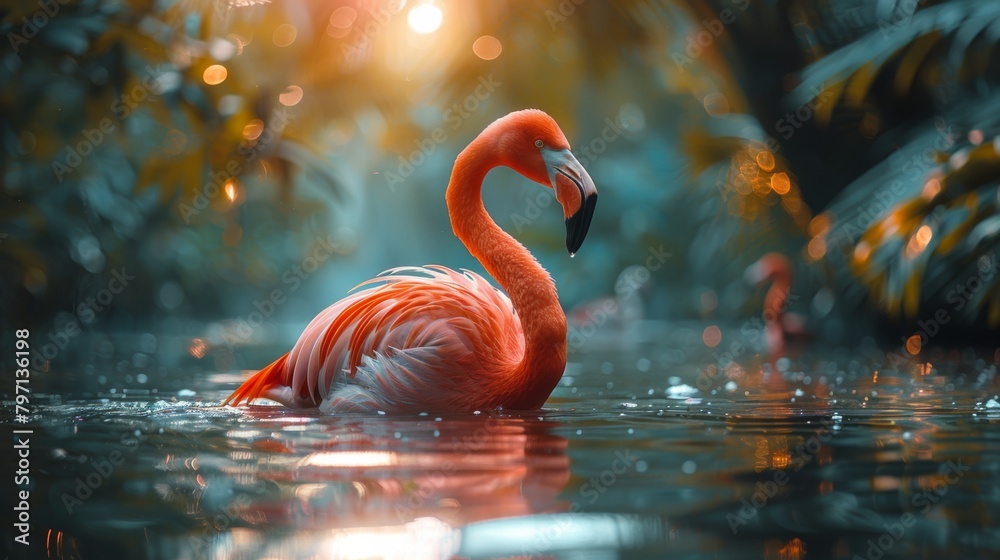 Fototapeta premium Majestic flamingo in serene waters at sunset