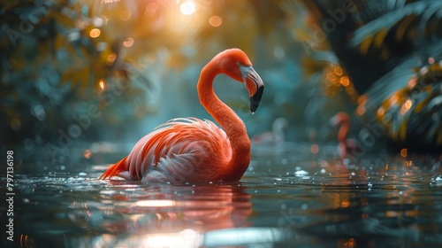 Majestic flamingo in serene waters at sunset