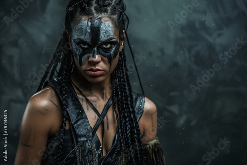Fierce warrior woman with tribal face paint in a mystical forest