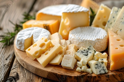 Various types of cheese arranged on a wooden board with rosemary.