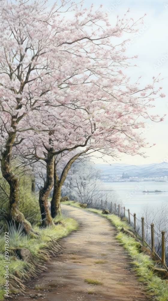 Illustration of a cherry blossom view point landscape outdoors nature.