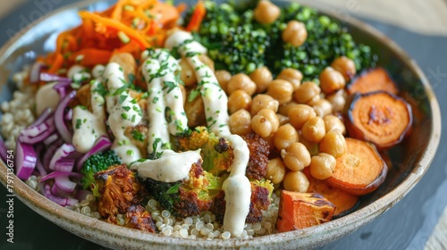 Buddha bowl filled with quinoa, roasted vegetables, chickpeas, and tahini dressing, highlighting plant-based eating for vitality.