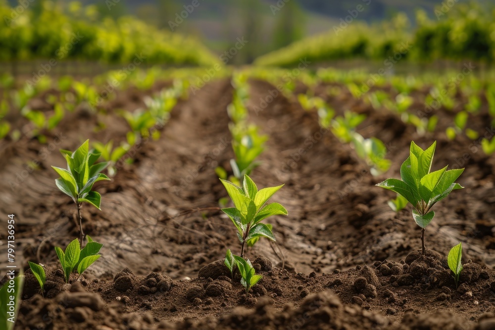 Young plants growing in fertile farm soil with a scenic background Young plants growing in fertile farm soil with a scenic background