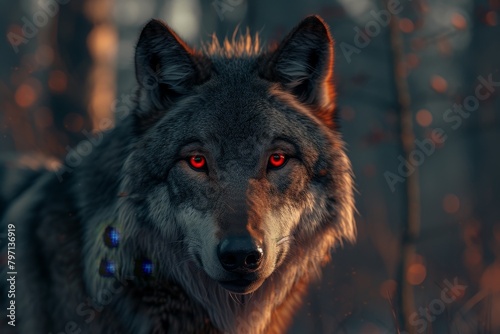Intense gaze of a wolf in a mystical forest at sunset © Balaraw