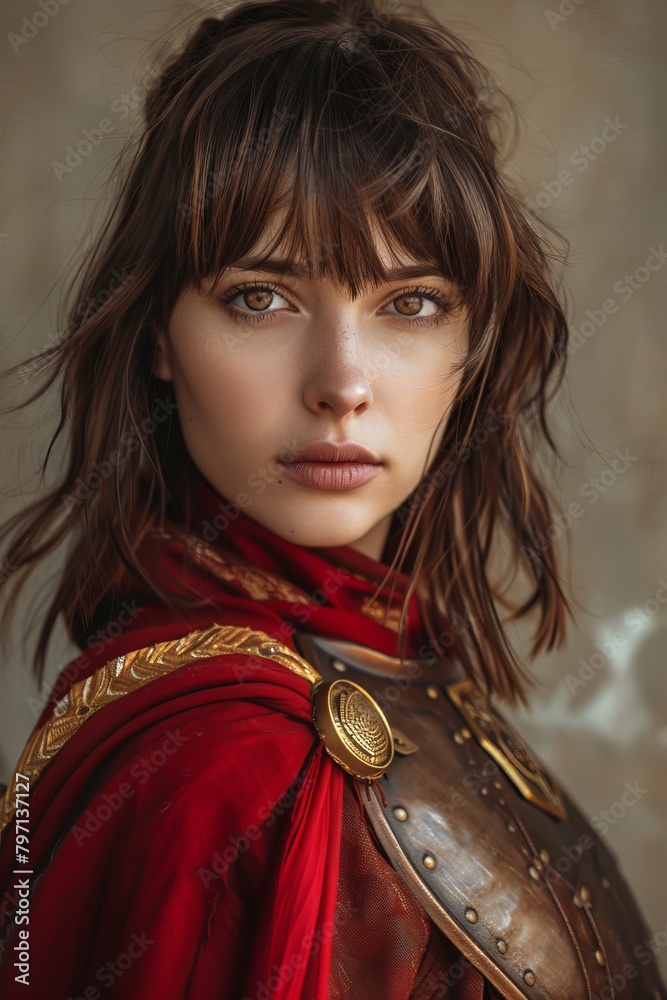 Portrait of a young woman in medieval armor and red cloak