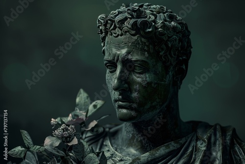 Ancient Roman Statue with Floral Accents in Moody Lighting