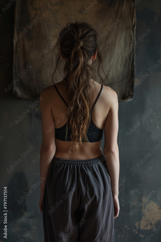 Young woman in casual attire standing contemplatively in a rustic studio Young woman in casual attire standing contemplatively in a rustic studio