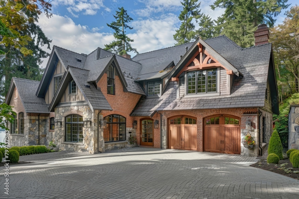 Tudor style family house exterior with gable roof and timber framing. Wooden garage doors in home cottage.