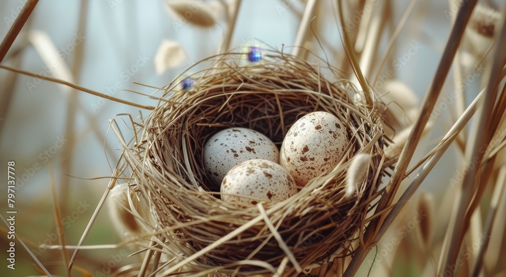 Bird eggs nestled in a natural nest among reeds Bird eggs nestled in a natural nest among reeds