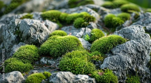 Vibrant green moss growing on rugged rocks