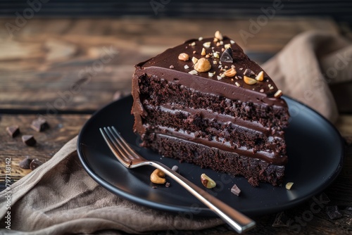 Decadent chocolate cake slice with nuts on a dark plate photo