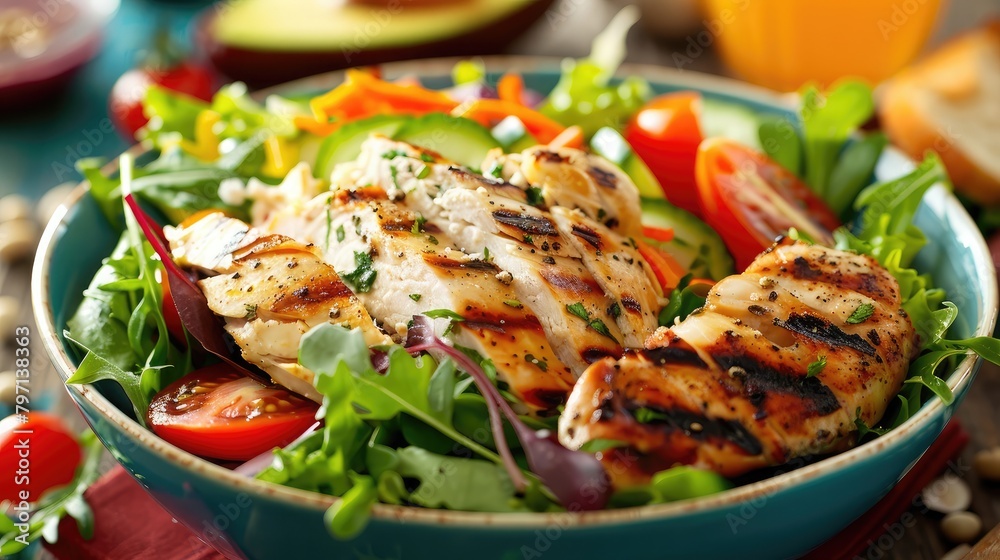 colorful salad bowl filled with fresh greens, vegetables, and grilled chicken, promoting nutritious eating habits. colorful salad bowl filled with fresh greens, vegetables, and grilled chicken, promoting nutritious eating habits.