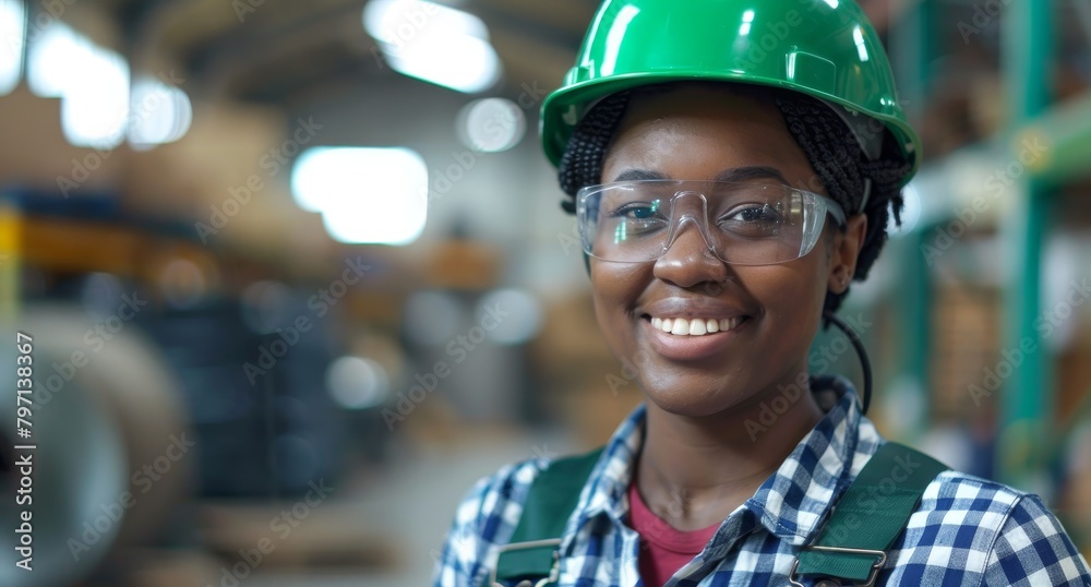 Confident female engineer smiling in industrial setting Confident female engineer smiling in industrial setting