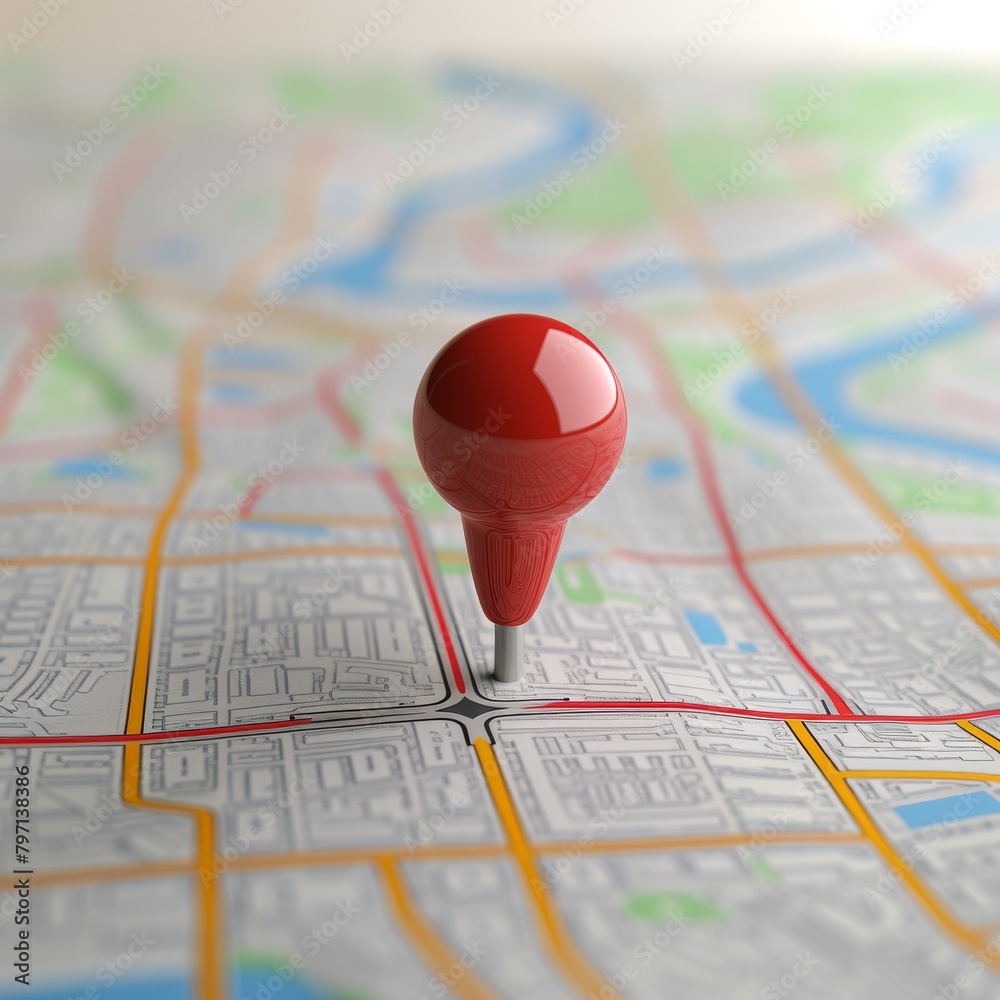 Red pin on a city map highlighting a specific location Red pin on a city map highlighting a specific location