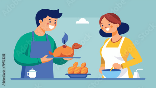 A woman patiently teaching her partner how to properly bread chicken lets for frying.. Vector illustration