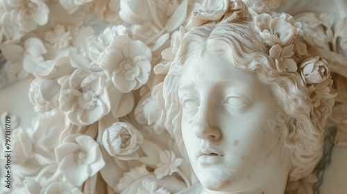 Elegant marble sculpture of a woman adorned with floral wreath