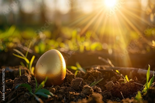 Golden egg in soil at sunrise
