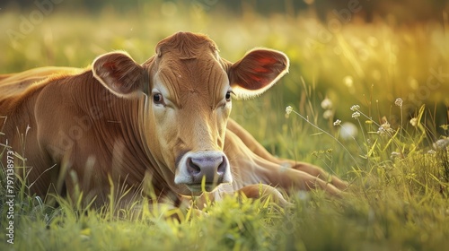 contented cow lying down in a field of tall grass, basking in the warmth of the sun and the serenity of nature.