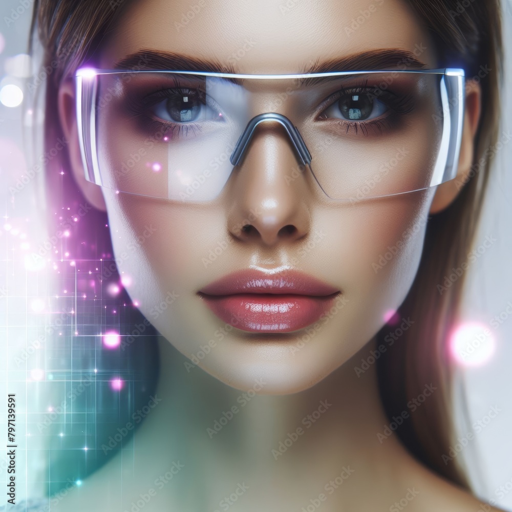 Close-up view of the face of a beautiful young woman wearing futuristic glasses – Technology concept