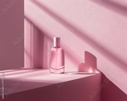 A pink translucent perfume bottle on a pink background with a white lid.