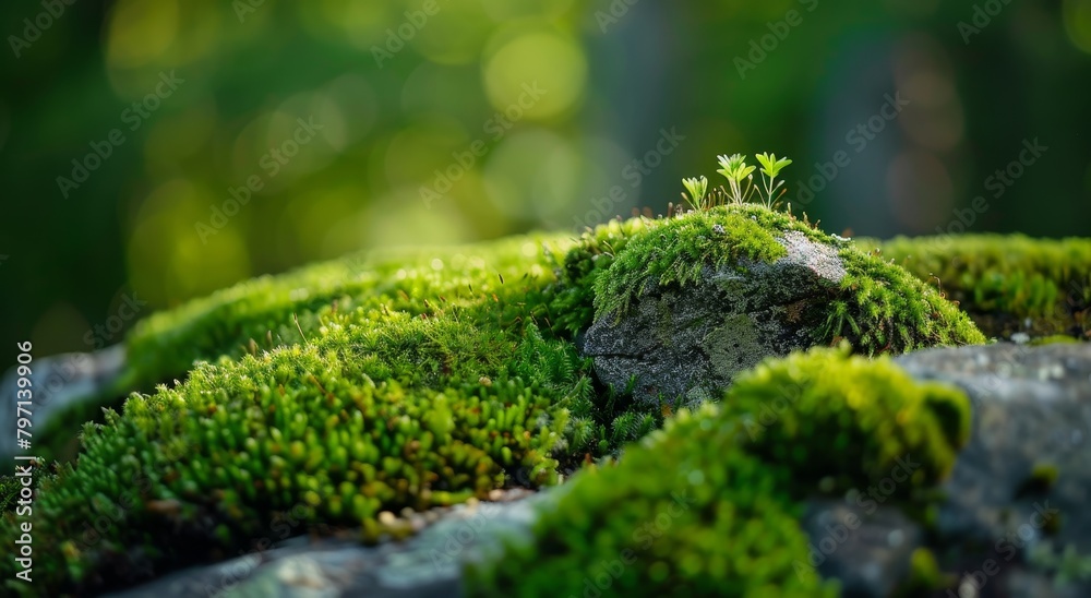 Lush green moss thriving on a forest rock Lush green moss thriving on a forest rock