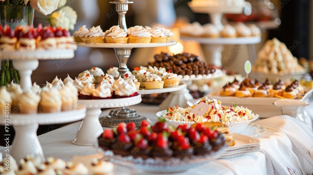 festive dessert buffet at a wedding reception, featuring an array of sweet treats for guests to enjoy.
