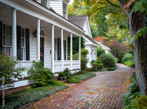 Classic white clapboard house with a red brick sidewalk in a peaceful suburban neighborhood photo