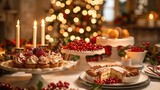 festive holiday table set with a variety of seasonal desserts, bringing warmth and cheer to the celebration.