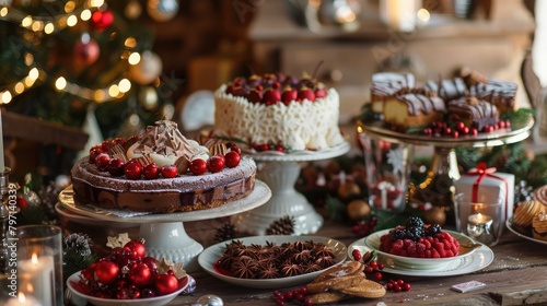 festive holiday table set with a variety of seasonal desserts, bringing warmth and cheer to the celebration.