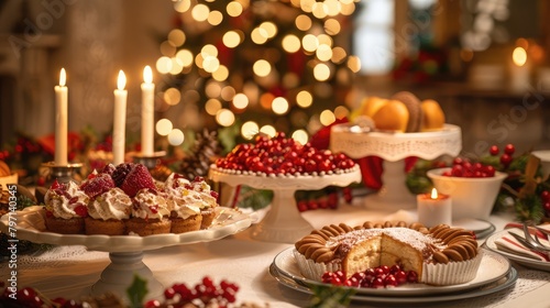 festive holiday table set with a variety of seasonal desserts, bringing warmth and cheer to the celebration. © buraratn