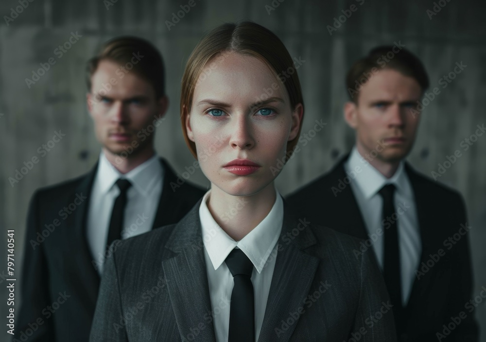 Professional team in formal attire with serious expressions Professional team in formal attire with serious expressions