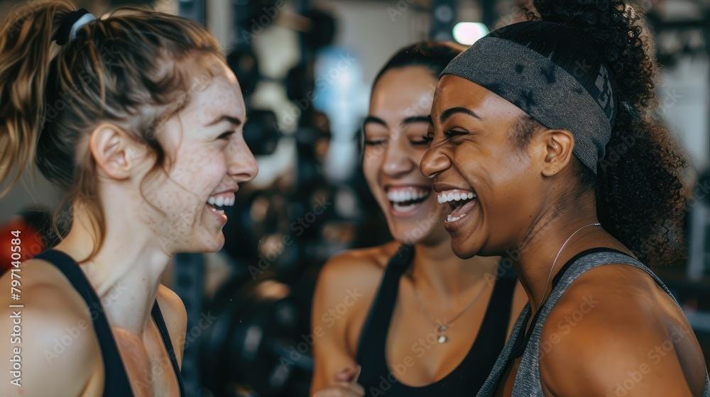 friends laughing and encouraging each other while working out together at the gym, fostering a supportive fitness community. friends laughing and encouraging each other while working out together at the gym, fostering a supportive fitness community.