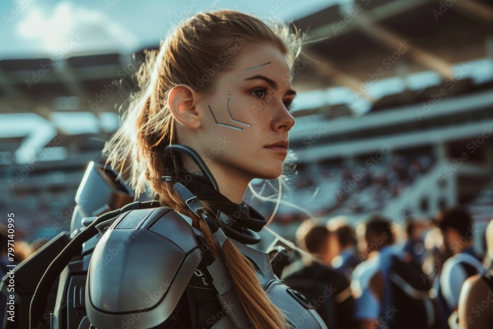 Futuristic female warrior in armor at a stadium - obrazy, fototapety, plakaty 