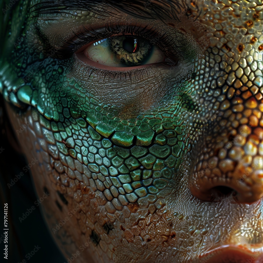 Close-up of a human face with reptilian skin texture - obrazy, fototapety, plakaty 