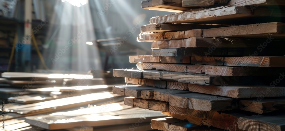 Sunlight streaming through a lumber warehouse - obrazy, fototapety, plakaty 