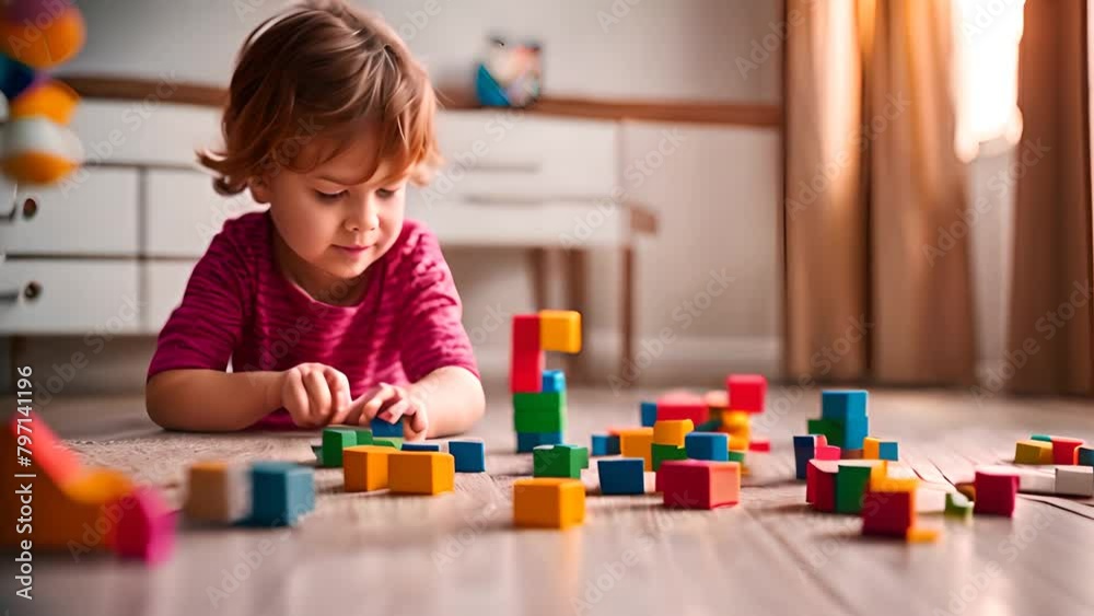 Little Girl Playing With Wooden Blocks on Floor Generative AI Little Girl Playing With Wooden Blocks on Floor Generative AI